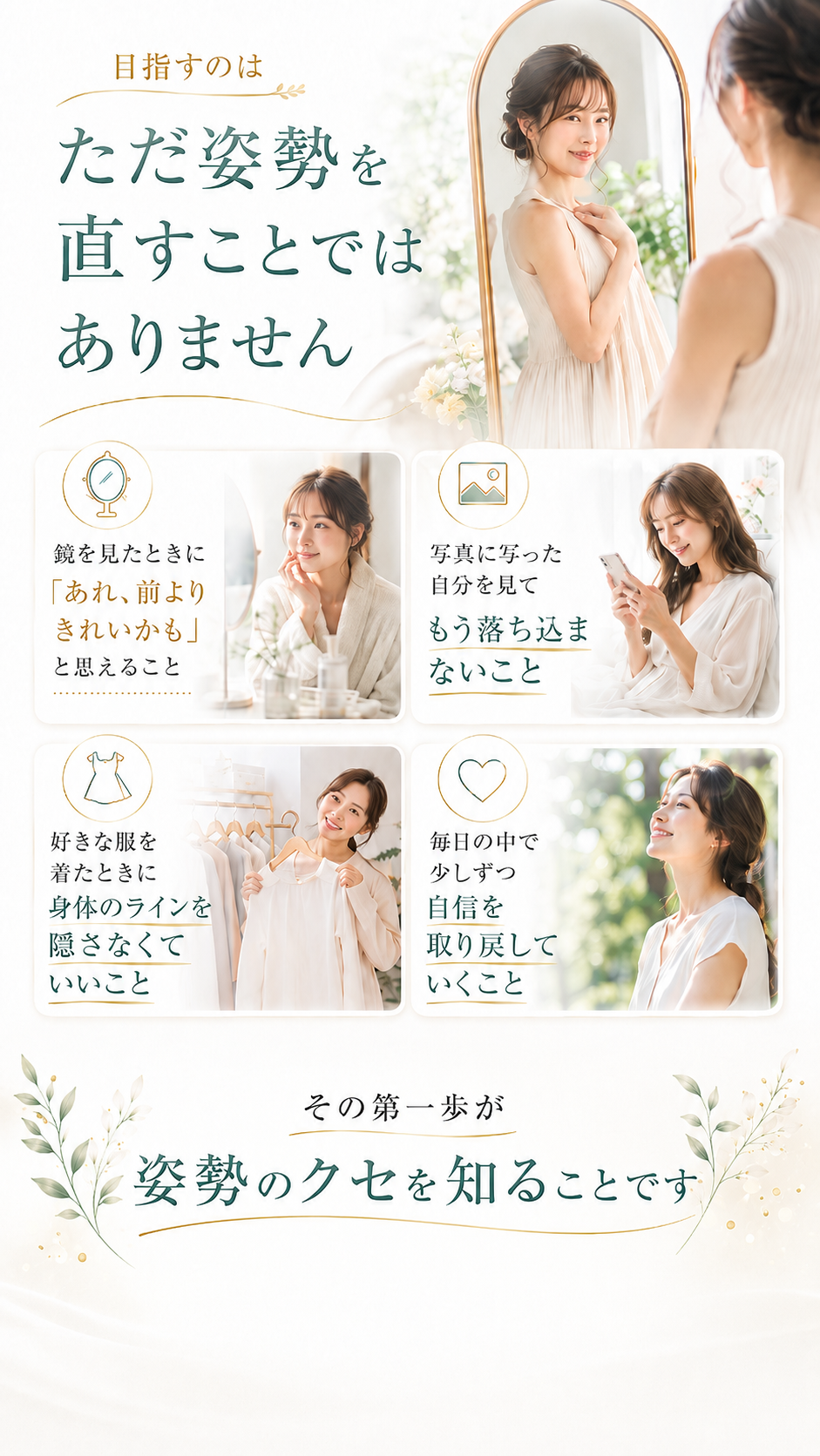 目指すのはただ姿勢を直すことではありません。自信を取り戻す未来