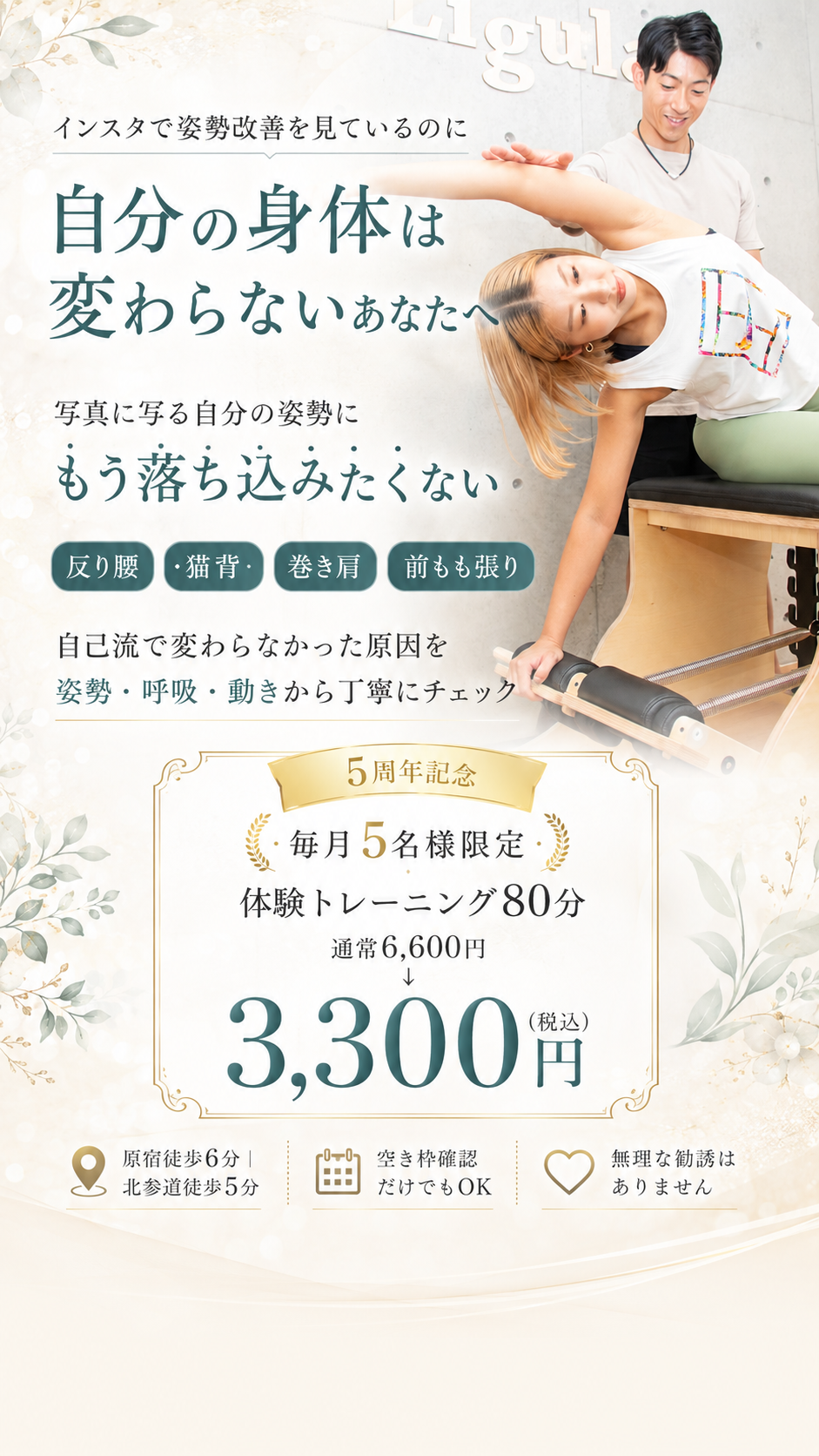インスタで姿勢改善を見ているのに自分の身体は変わらないあなたへ。3,300円体験案内