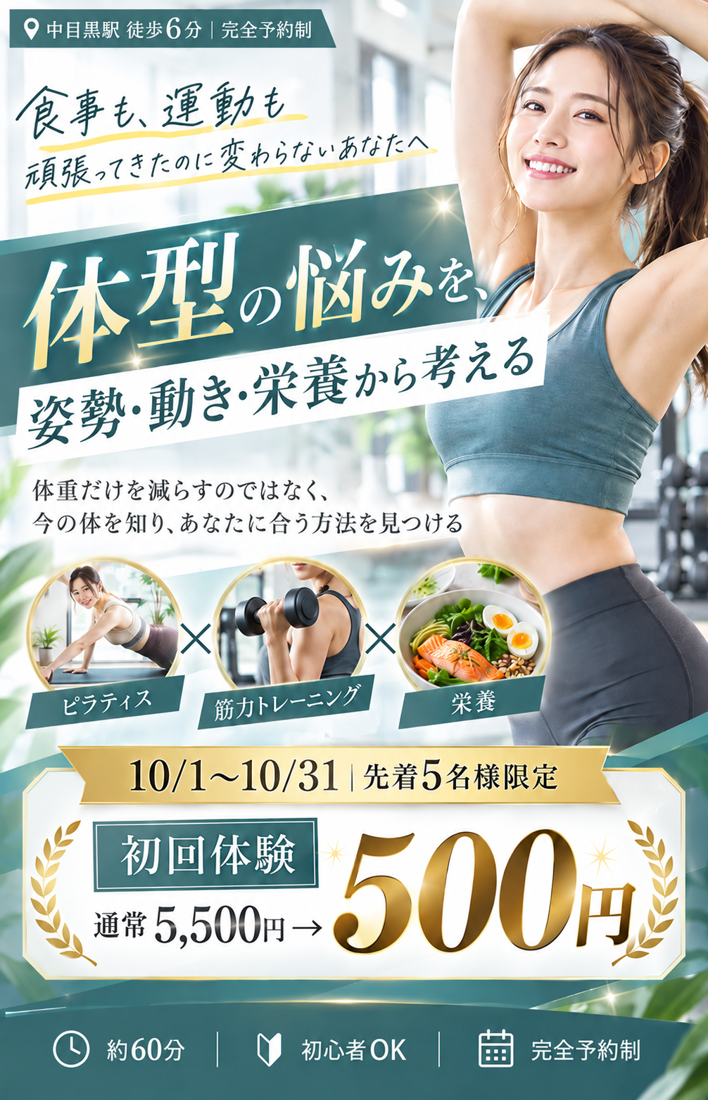 食事も運動も頑張ってきたのに変わらない方へ。体型の悩みを姿勢・動き・栄養から考える、RISE中目黒の初回体験500円キャンペーン